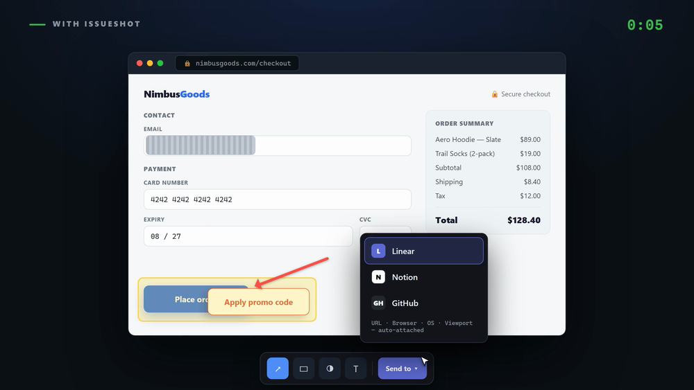 IssueShot: an annotated bug screenshot being filed to Linear — capture, annotate, one click